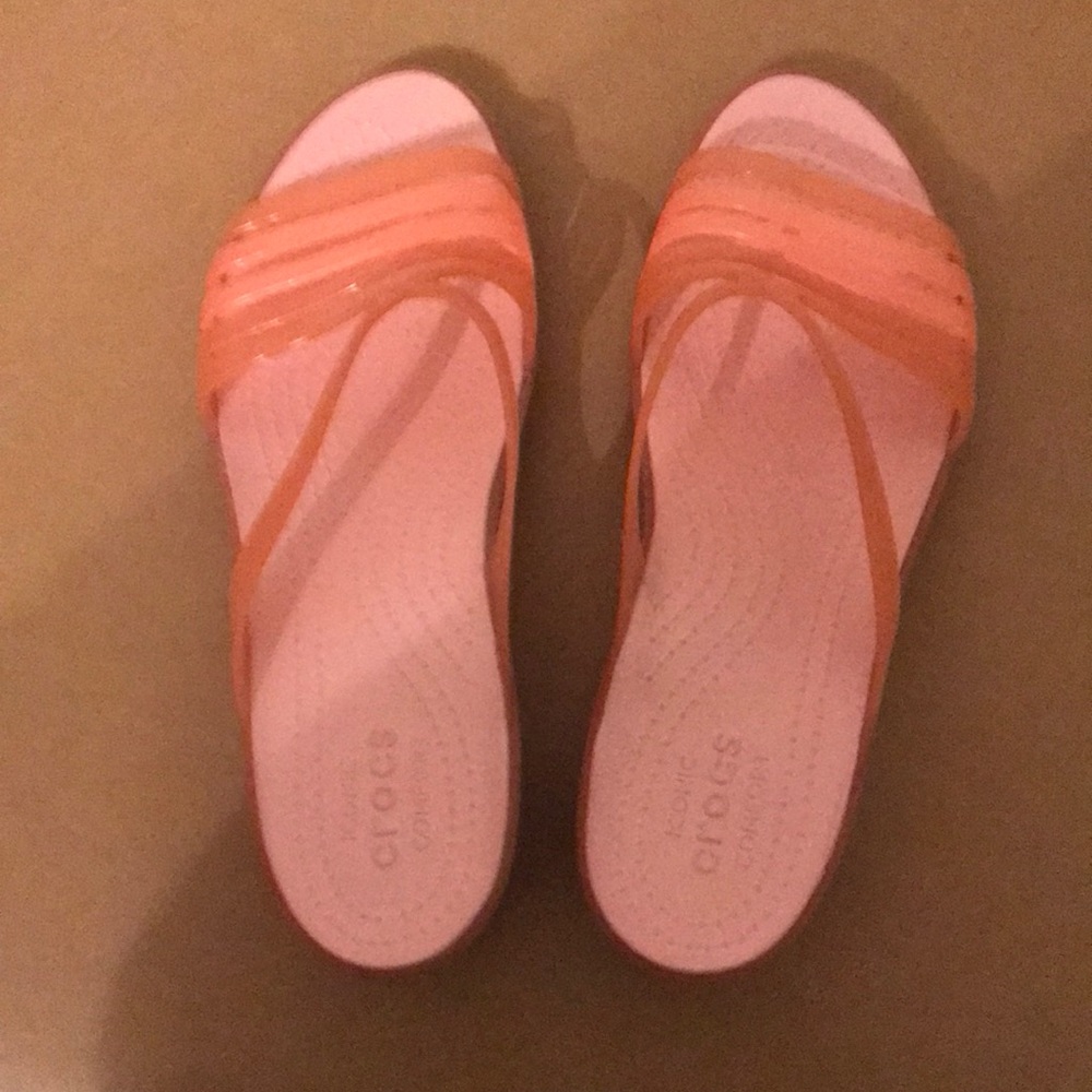 Pink Croc womens low wedge sandals. Size 10.